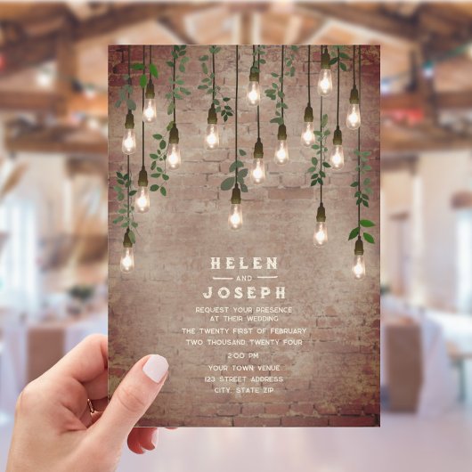  gloeilampen Rustic Brick Botanical Wedding Kaart