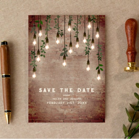 gloeilampen Rustic Brick Botanical Wedding Save The Date