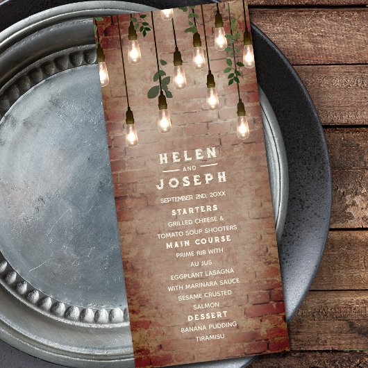  gloeilampen Rustic Brick Wedding Menu