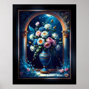 Glorieus bloemboeket onder een maanverlichte hemel poster