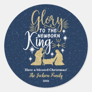 Glory to the Newborn King Glitter Kerstmis Ronde Sticker