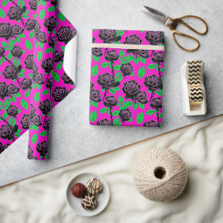 Glossy Black Roses On A Hot Pink Background Cadeaupapier