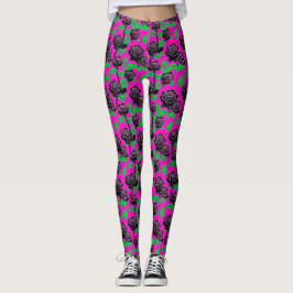 Glossy Black Roses On A Hot Pink Background Leggings