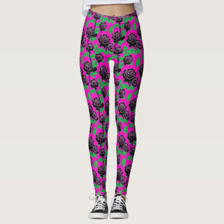 Glossy Black Roses On A Hot Pink Background Leggings