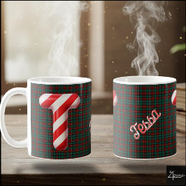 Glossy Candy Cane Striped Christmas Letter T Koffiemok