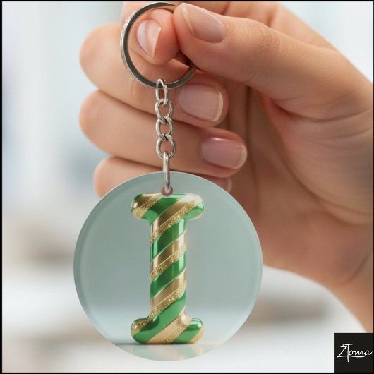 Glossy Green Gold Glitter Striped Letter I Sleutelhanger