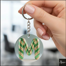 Glossy Green Gold Glitter Striped Letter M Sleutelhanger