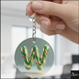 Glossy Green Gold Glitter Striped Letter W Sleutelhanger