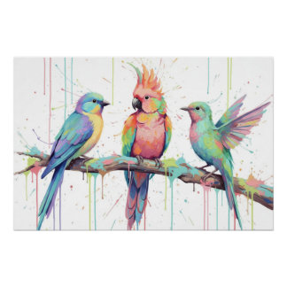 Glossy Poster of three pastel coloured birds Perfect Poster