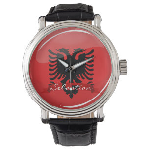 Glossy Round Albanian Flag Horloge