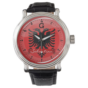 Glossy Round Albanian Flag Horloge