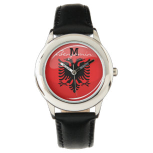 Glossy Round Albanian Flag Horloge