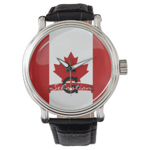 Glossy Round Canadian Flag Horloge