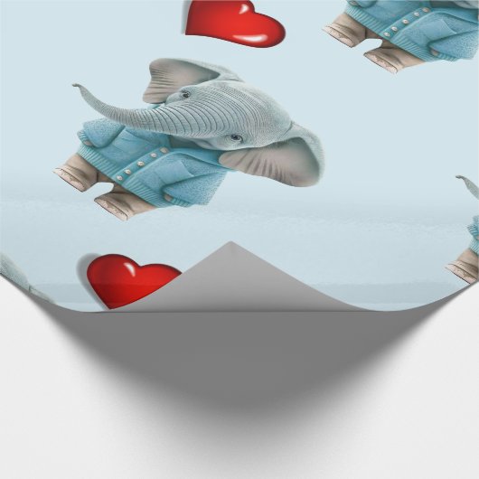 Glossy Wrapping Paper Blue Elephant Red Hearts  Cadeaupapier (Hoek)