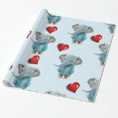 Glossy Wrapping Paper Blue Elephant Red Hearts  Cadeaupapier (Uitgerold)