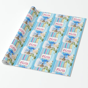Glossy Wrapping Paper, Paris France Blue Stripe Cadeaupapier