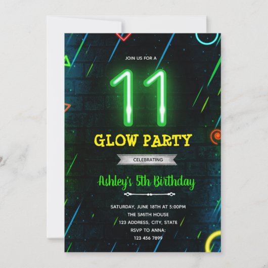 Glow 11e verjaardagsfeestuitnodiging kaart (Voorkant)