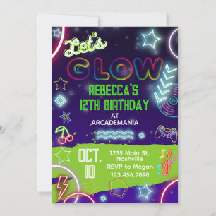GLOW Birthday Gaming Arcade Party Glow Neon Tiedye Kaart