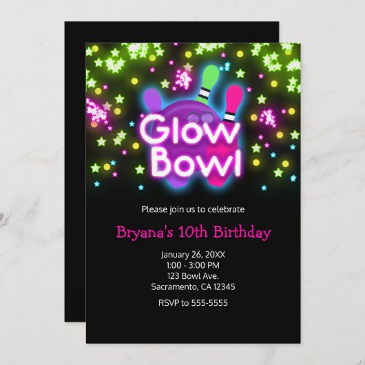 Glow Bowl Bowling Neon Stars Verjaardagsfeest Kaart (Voorkant / Achterkant)