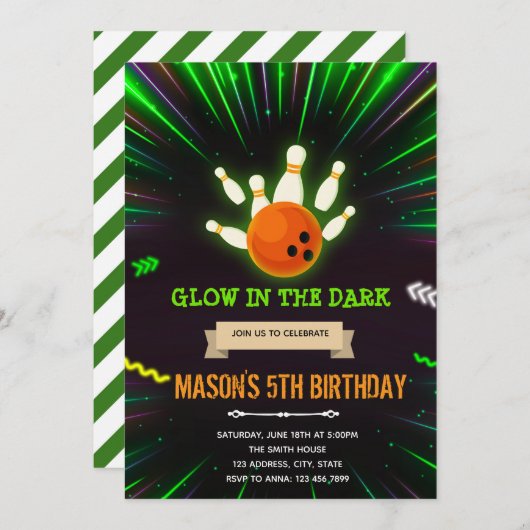 Glow bowling uitnodiging voor verjaardag (Voorkant / Achterkant)