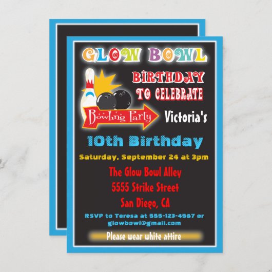 Glow dans les invitations de la partie de bowling (Devant / Derrière)