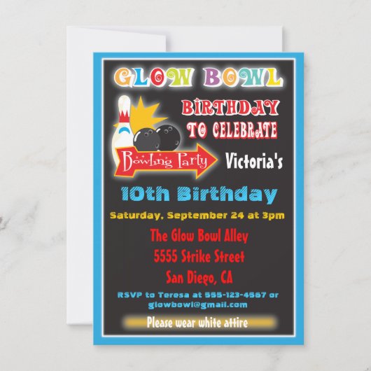Glow dans les invitations de la partie de bowling  (Devant)