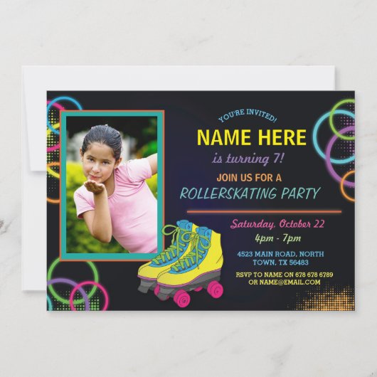 Glow Foto Roller Skating Birthday Invite Kaart (Voorkant)
