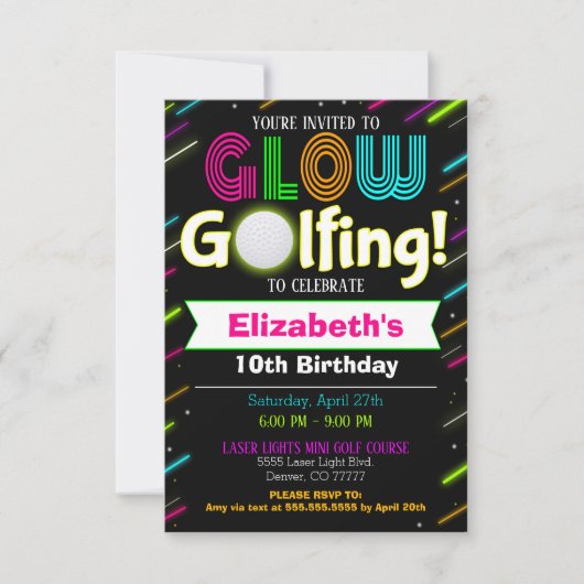 Glow Golfing Birthday Uitnodiging (Voorkant)