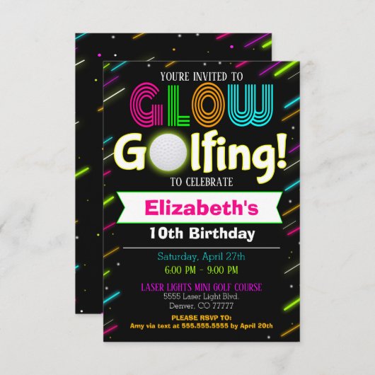Glow Golfing Birthday Uitnodiging (Voorkant / Achterkant)