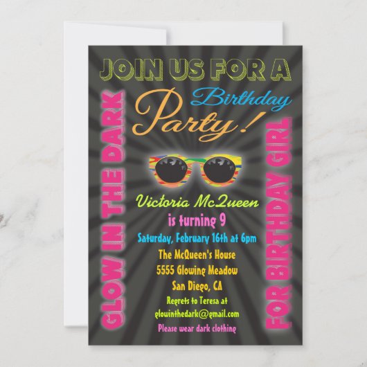 Glow in the Dark Girl Birthday Party Invitations (Devant)