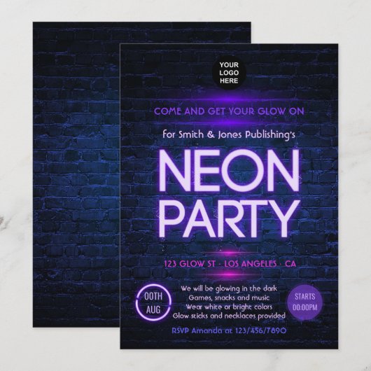 Glow in the Dark Neon Invitation de la fête de l'e (Devant / Derrière)