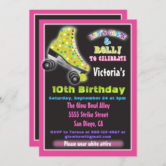 Glow in the dark roller Patinage invitations (Devant / Derrière)