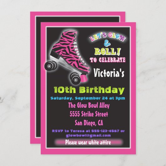 Glow in the dark roller Patinage invitations (Devant / Derrière)