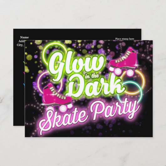 GLOW IN THE DARK SCHAATS PARTY Briefkaart Uitnodig (Voorkant / Achterkant)