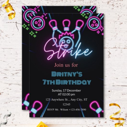 Glow in The Dark Strike Bowling Verjaardagsfeest Kaart