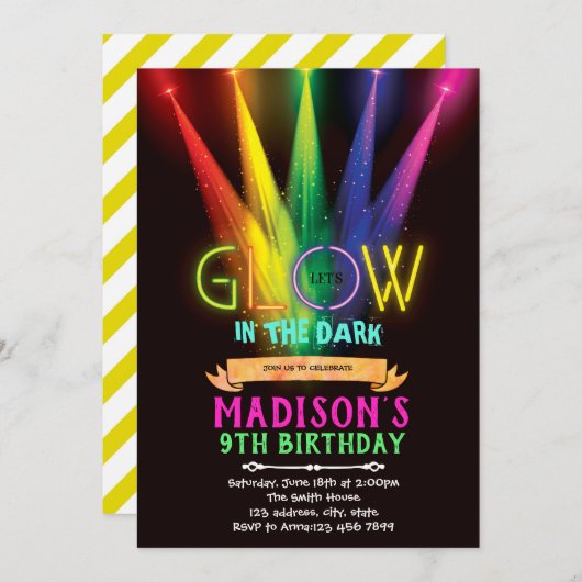 Glow in the dark verjaardagsfeestje uitnodiging (Voorkant / Achterkant)