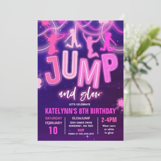 Glow Jump Uitnodiging Neon Jump Verjaardagsfeest (Staand voorkant)