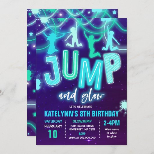 Glow Jump Uitnodiging Neon Jump Verjaardagsfeest (Voorkant / Achterkant)