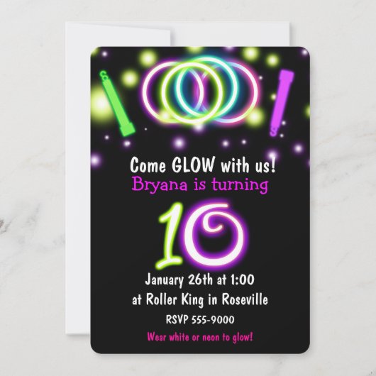 GLOW Lights 10e verjaardagsfeestje Leeftijd 10 uit Kaart (Voorkant)