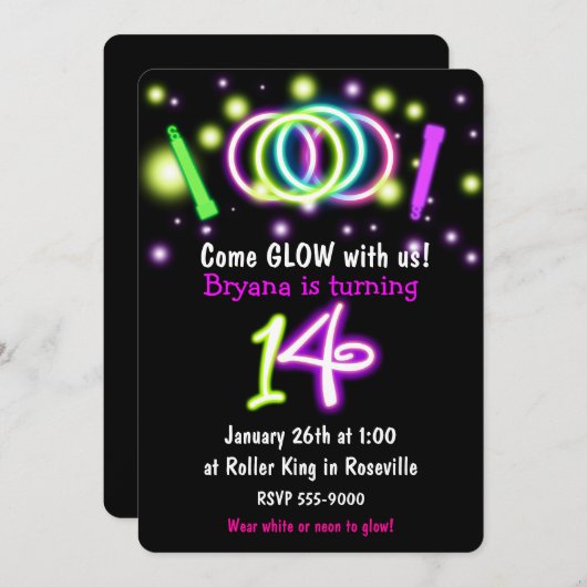GLOW Lights 14e Verjaardagsfeest Leeftijd 14 Uitno Kaart (Voorkant / Achterkant)