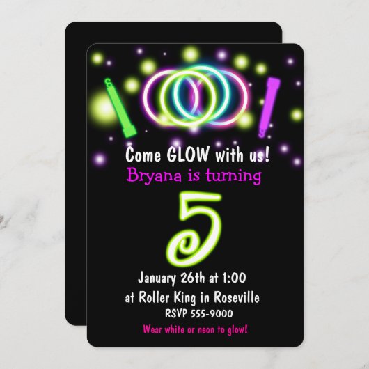 GLOW Lights 5e Verjaardagsfeest Leeftijd 5 Uitnodi Kaart (Voorkant / Achterkant)