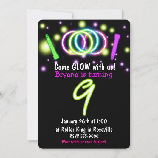 GLOW Lights 9e Verjaardagsfeest Leeftijd 9 Uitnodi Kaart (Voorkant)