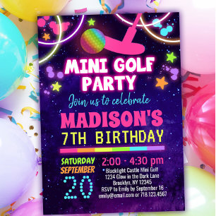 Glow Mini Golf Birthday Party Invitation Kaart