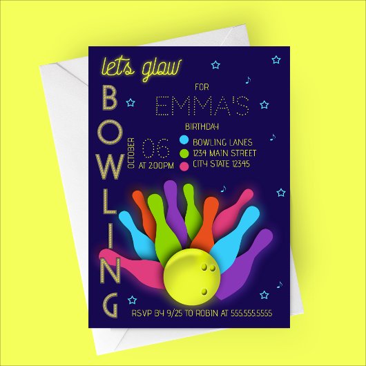 Glow Neon Bowling Birthday Invitation