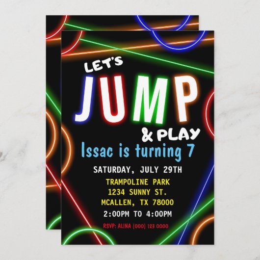 Glow Neon Let's Jump Birthday Party Invitation (Devant / Derrière)