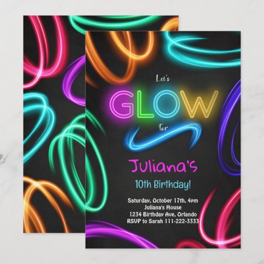 Glow Neon uitnodiging voor verjaardagsfeestje (Voorkant / Achterkant)