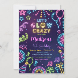 Glow Party Birthday Invitation, Neon Glow Theme Kaart