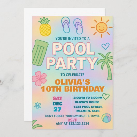 Glow Party Pool verjaardagsuitnodiging Kaart (Voorkant / Achterkant)