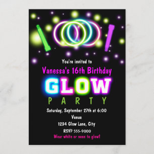 GLOW PARTY Verjaardags Neon Black Light Uitnodigin Kaart