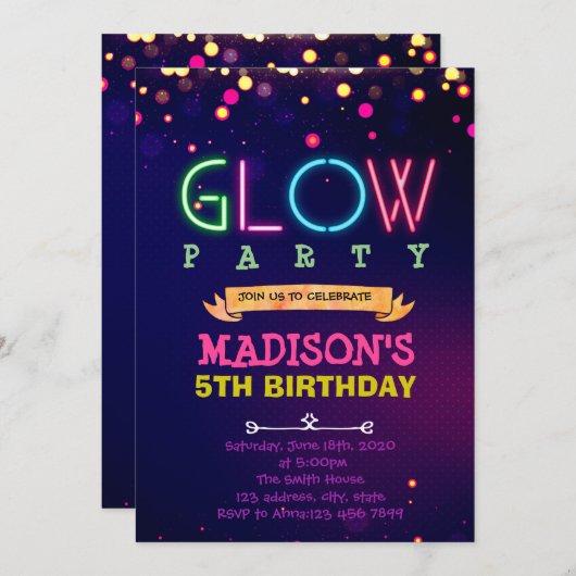 Glow Party verjaardagsuitnodiging Kaart (Voorkant / Achterkant)
